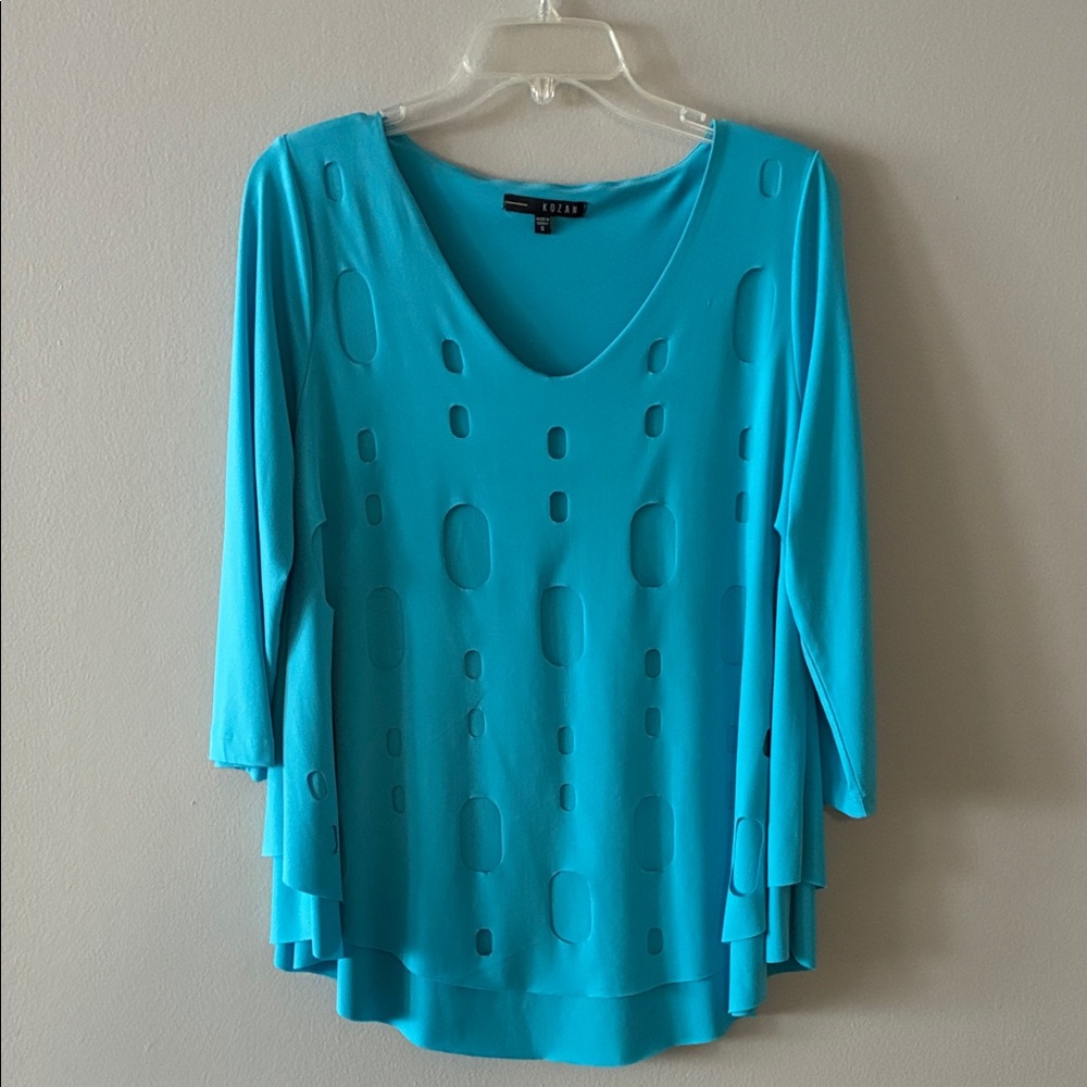 Kozan  Tunic Top Cutout V Neck SZ S Blue Green